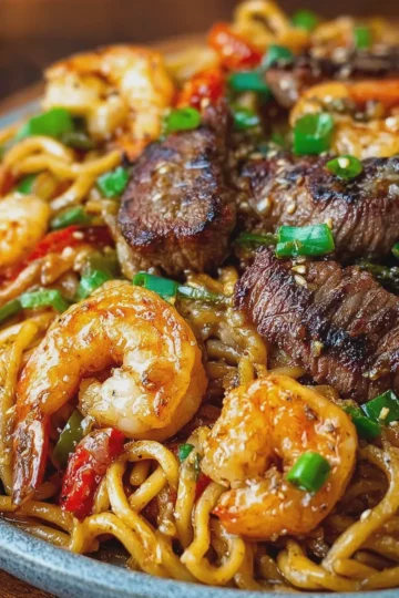 Garlic Butter Steak and Shrimp Noodles