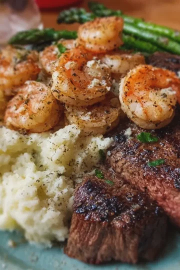 Garlic Butter Steak and Shrimp with Creamy Mashed Potatoes