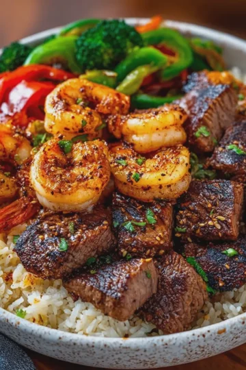 Sizzling Steak and Shrimp Rice Bowl
