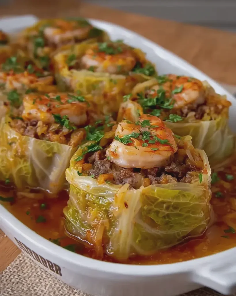 Shrimp and Beef Stuffed Cabbage Rolls