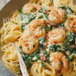 Creamy Garlic Parmesan Shrimp Spaghetti with Spinach