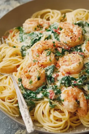 Creamy Garlic Parmesan Shrimp Spaghetti with Spinach