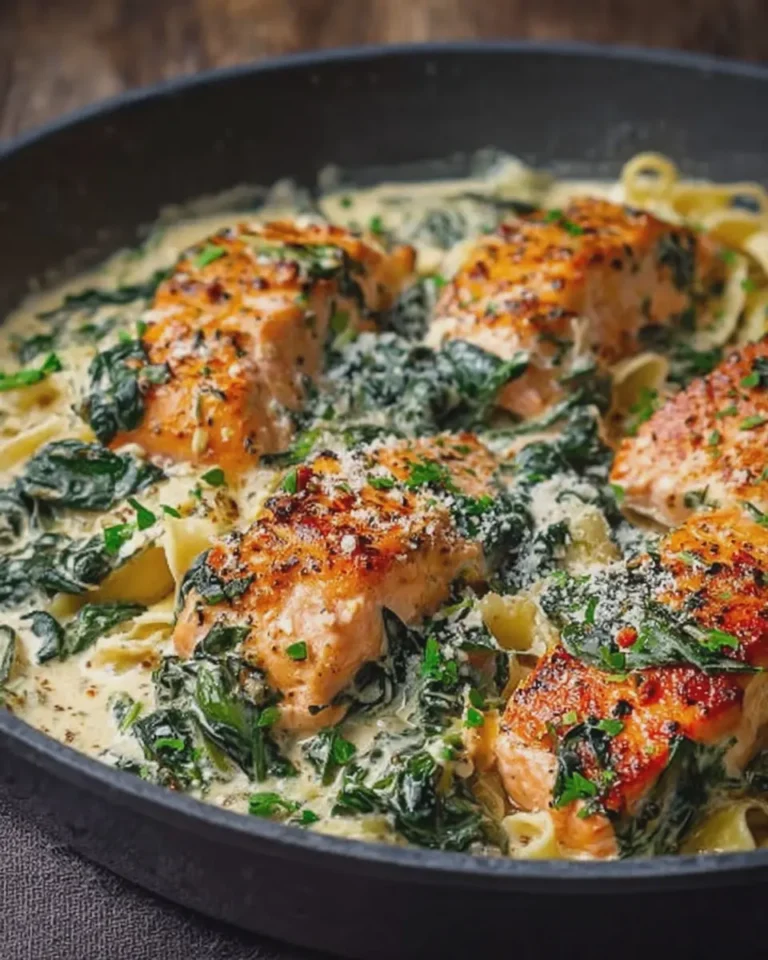 Creamy Garlic Parmesan Salmon Florentine Seafood Skillet