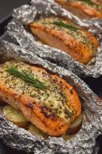 Creamy Seafood Foil Packs with Garlic Herb Salmon Steaks