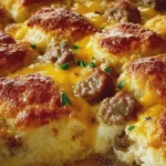 Golden Buttermilk Biscuit and Cheesy Beef Sausage Breakfast Bake