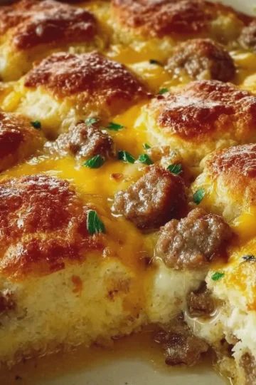 Golden Buttermilk Biscuit and Cheesy Beef Sausage Breakfast Bake