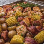 Sela Garlic Butter Sheet Pan Boil with Turkey Bacon and Chicken Ham