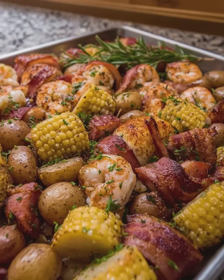 Sela Garlic Butter Sheet Pan Boil with Turkey Bacon and Chicken Ham
