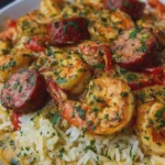 Creamy Garlic Parmesan Chicken, Shrimp and Sausage with Rice