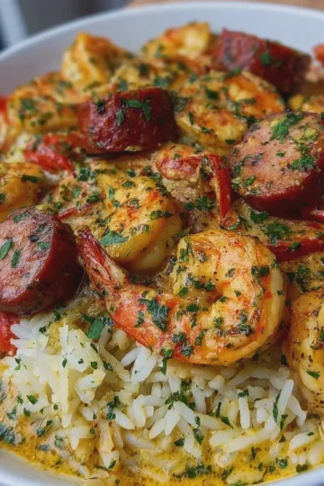 Creamy Garlic Parmesan Chicken, Shrimp and Sausage with Rice