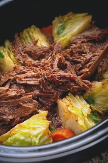 Slow Cooker Shredded Beef and Tender Cabbage Wedges